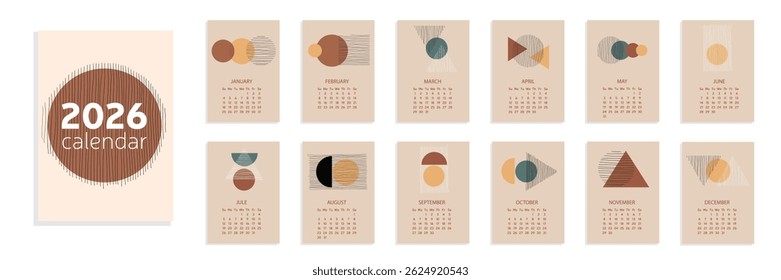 Abstract Geometrical Calendar 2026 Year. Calendar 2026 Year A4. Week Start from Sunday. Hand Drawn Vector Art.