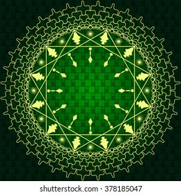 Abstract geometrical circle mandala with dark green background