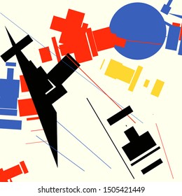 An abstract geometrical composition consisting of chaotically scattered geometric elements. Vector illustration of a style of supermatism. Creative retro poster.