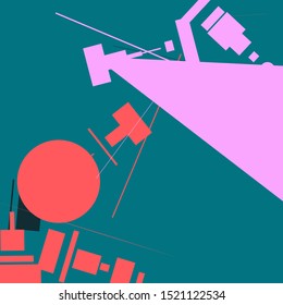 An abstract geometrical composition consisting of chaotically scattered geometric elements. Vector illustration of a style of supermatism. Retro futuristic poster with aesthetics of a vaporwave style.