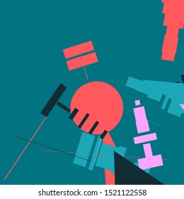 An abstract geometrical composition consisting of chaotically scattered geometric elements. Vector illustration of a style of supermatism. Retro futuristic poster with aesthetics of a vaporwave style.