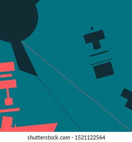 An abstract geometrical composition consisting of chaotically scattered geometric elements. Vector illustration of a style of supermatism. Retro futuristic poster with aesthetics of a vaporwave style.