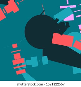 An abstract geometrical composition consisting of chaotically scattered geometric elements. Vector illustration of a style of supermatism. Retro futuristic poster with aesthetics of a vaporwave style.