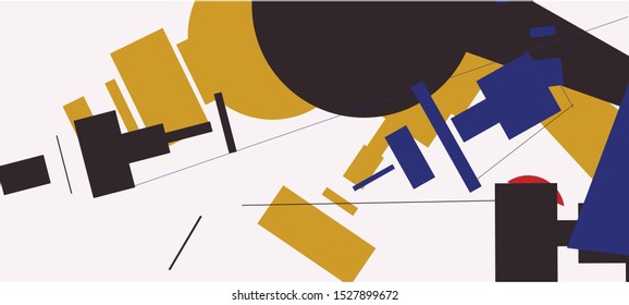 An abstract geometrical composition consisting of chaotically scattered geometric elements. Vector illustration of a style of supermatism. Creative retro poster.