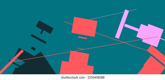 An abstract geometrical composition consisting of chaotically scattered geometric elements. Vector illustration of a style of supermatism. Retro futuristic poster with aesthetics of a vaporwave style.