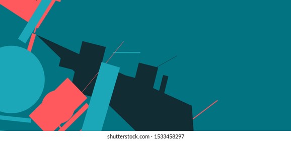 An abstract geometrical composition consisting of chaotically scattered geometric elements. Vector illustration of a style of supermatism. Retro futuristic poster with aesthetics of a vaporwave style.