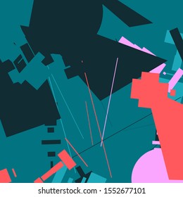 An abstract geometrical composition consisting of chaotically scattered geometric elements. Vector illustration of a style of supermatism. Retro futuristic poster with aesthetics of a vaporwave style.