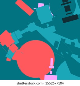 An abstract geometrical composition consisting of chaotically scattered geometric elements. Vector illustration of a style of supermatism. Retro futuristic poster with aesthetics of a vaporwave style.