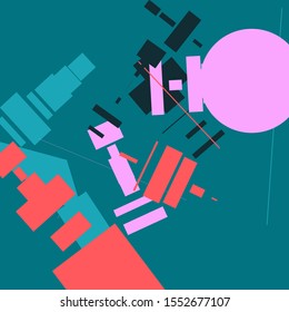 An abstract geometrical composition consisting of chaotically scattered geometric elements. Vector illustration of a style of supermatism. Retro futuristic poster with aesthetics of a vaporwave style.