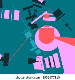 An abstract geometrical composition consisting of chaotically scattered geometric elements. Vector illustration of a style of supermatism. Retro futuristic poster with aesthetics of a vaporwave style.