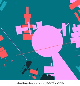An abstract geometrical composition consisting of chaotically scattered geometric elements. Vector illustration of a style of supermatism. Retro futuristic poster with aesthetics of a vaporwave style.