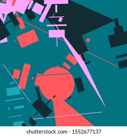 An abstract geometrical composition consisting of chaotically scattered geometric elements. Vector illustration of a style of supermatism. Retro futuristic poster with aesthetics of a vaporwave style.