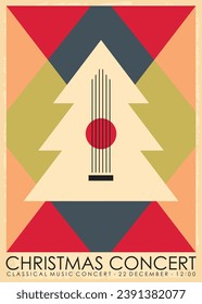 Abstract geometrical concept for Christmas concert poster with Christmas tree and subtly shapes of classical guitar. Vector invitation card invitation. Musical and holiday theme.