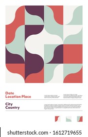 Abstract geometrical design artwork of vertical poster layout with editable text. Simple geometry vector shapes with a colorful palette. Useful for poster design, presentation backdrop, A4 size flyer.