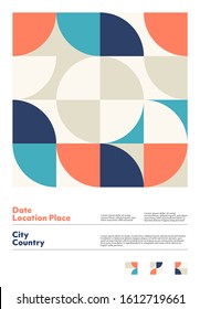 Abstract geometrical design artwork of vertical poster layout with editable text. Simple geometry vector shapes with a colorful palette. Useful for poster design, presentation backdrop, A4 size flyer.