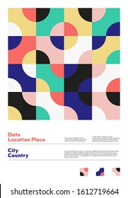 Abstract geometrical design artwork of vertical poster layout with editable text. Simple geometry vector shapes with a colorful palette. Useful for poster design, presentation backdrop, A4 size flyer.