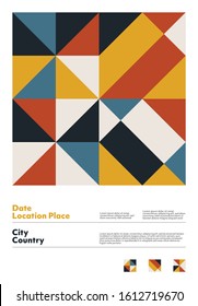 Abstract geometrical design artwork of vertical poster layout with editable text. Simple geometry vector shapes with a colorful palette. Useful for poster design, presentation backdrop, A4 size flyer.