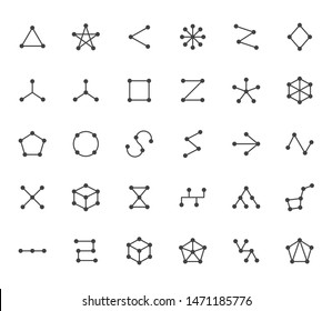 Abstract geometrical flat icons set. Circles connected with lines shapes, variety concept, topology network vector illustrations. Outline signs website category.