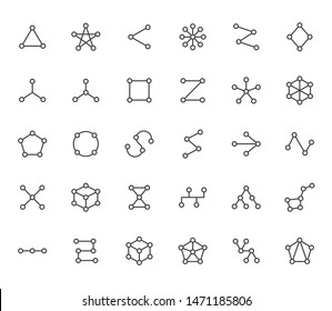 Abstract geometrical flat icons set. Circles connected with lines shapes, variety concept, topology network vector illustrations. Outline signs website category. Editable Strokes.