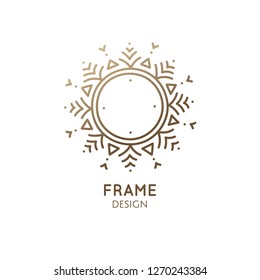 Abstract geometrical frame in linear style. Snowflake logo template. Vector round minimalistic icon with space for business design, festive card