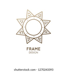 Abstract geometrical frame in linear style. Snowflake logo template. Vector round minimalistic icon with space for business design, festive card