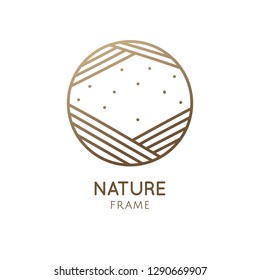 Abstract geometrical frame with natural elements in linear style. Round logo template. Vector simple minimalistic icon with space for business design, eco products packaging, festive card
