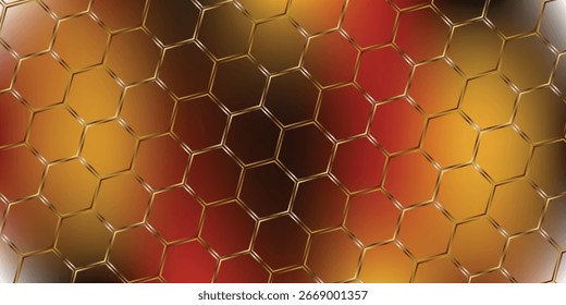Abstract geometrical honeycomb black background with orange hexagonal pattern. Science or technology abstract background using hexagonal shapes. Hexagon background for any design and decoration.