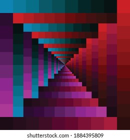 Abstract Of Geometrical Illusion Stairs Pattern With Shades Of Red, Cyan, Purple And Pink. Vector, Illustration And Background.