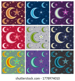 Abstract geometrical moon and star seamless pattern with colour combinations. Modern ethnic, minimalist, suitable for wallpapers, fabric pattern, banners, backgrounds, cards, etc.