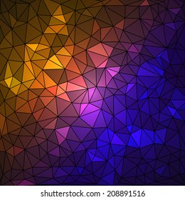 Abstract geometrical multicolored background consisting of bright triangular elements arranged on a black background. Vector illustration.