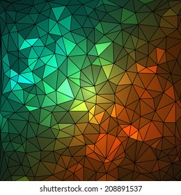 Abstract geometrical multicolored background consisting of bright triangular elements arranged on a black background. Vector illustration.