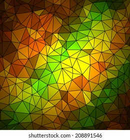 Abstract geometrical multicolored background consisting of bright triangular elements arranged on a black background. Vector illustration.