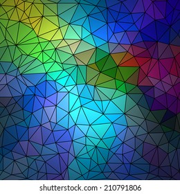 Abstract geometrical multicolored background consisting of bright triangular elements arranged on a black background. Vector illustration.