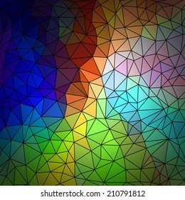 Abstract geometrical multicolored background consisting of bright triangular elements arranged on a black background. Vector illustration.