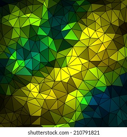 Abstract geometrical multicolored background consisting of bright triangular elements arranged on a black background. Vector illustration.