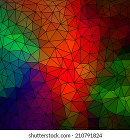 Abstract geometrical multicolored background consisting of bright triangular elements arranged on a black background. Vector illustration.