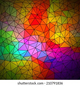 Abstract geometrical multicolored background consisting of bright triangular elements arranged on a black background. Vector illustration.