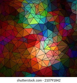 Abstract geometrical multicolored background consisting of bright triangular elements arranged on a black background. Vector illustration.