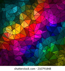Abstract geometrical multicolored background consisting of bright triangular elements arranged on a black background. Vector illustration.