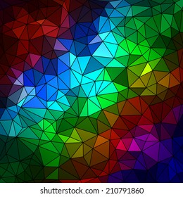 Abstract geometrical multicolored background consisting of bright triangular elements arranged on a black background. Vector illustration.