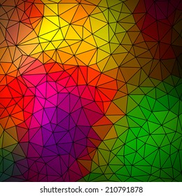 Abstract geometrical multicolored background consisting of bright triangular elements arranged on a black background. Vector illustration.