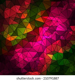 Abstract geometrical multicolored background consisting of bright triangular elements arranged on a black background. Vector illustration.