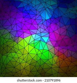 Abstract geometrical multicolored background consisting of bright triangular elements arranged on a black background. Vector illustration.