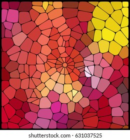 Abstract geometrical multicolored background consisting of geometric elements arranged on a black background. Vector illustration. Red, yellow, orange colors.
