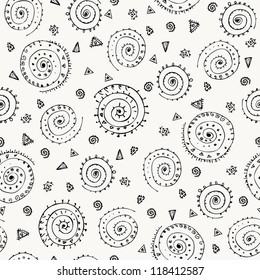 Abstract geometrical neutral seamless pattern with ornamental spiral elements. Endless doodle grey texture. Template for design and decoration