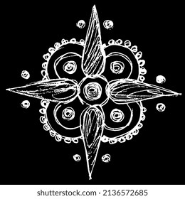 Abstract geometrical ornament. Square cross floral mandala. Ancient Greek ethnic design. Hand drawn linear doodle rough sketch. White silhouette on black background.