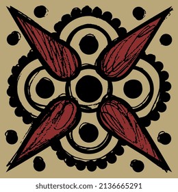 Abstract geometrical ornament. Square floral mandala. Ancient Greek ethnic design. Hand drawn colorful rough sketch.