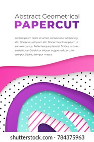 Abstract geometrical papercut design template. Lines and dots with ultraviolet, pink and turquoise paper layers 3d effect. Trendy ultraviolet backdrop.
