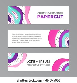 Abstract geometrical papercut design template. Lines and dots with ultraviolet, pink and turquoise paper layers 3d effect. Trendy ultraviolet three horizontal banners.
