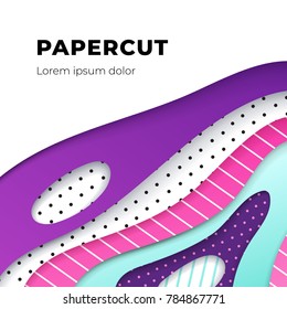 Abstract geometrical papercut design template. Lines and dots with ultraviolet, pink and turquoise paper layers 3d effect. Trendy ultraviolet backdrop.
